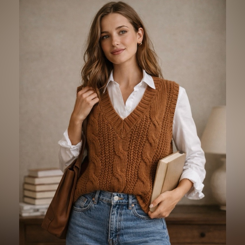 AEO Chunky Cable Knit Sweater Vest Med Rust Academia Preppy GrandpaCore Cozy